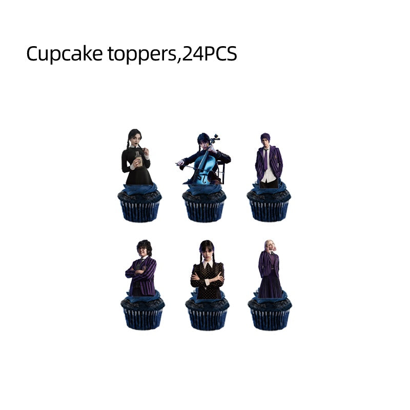 ParteeTime Tema Black Wednesday Birthday Decoration Tableware Supplies Cup Tablecloth Balloon Cake Backdrop