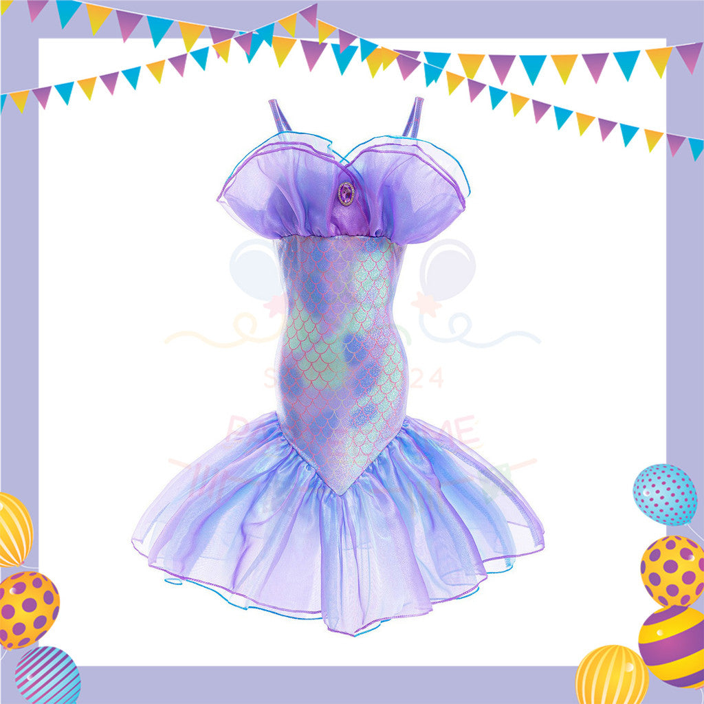 ParteeTime Kids Sleeveless Princess Ariel Mermaid Fishtail Long Dress Costume Birthday Party Dress Up