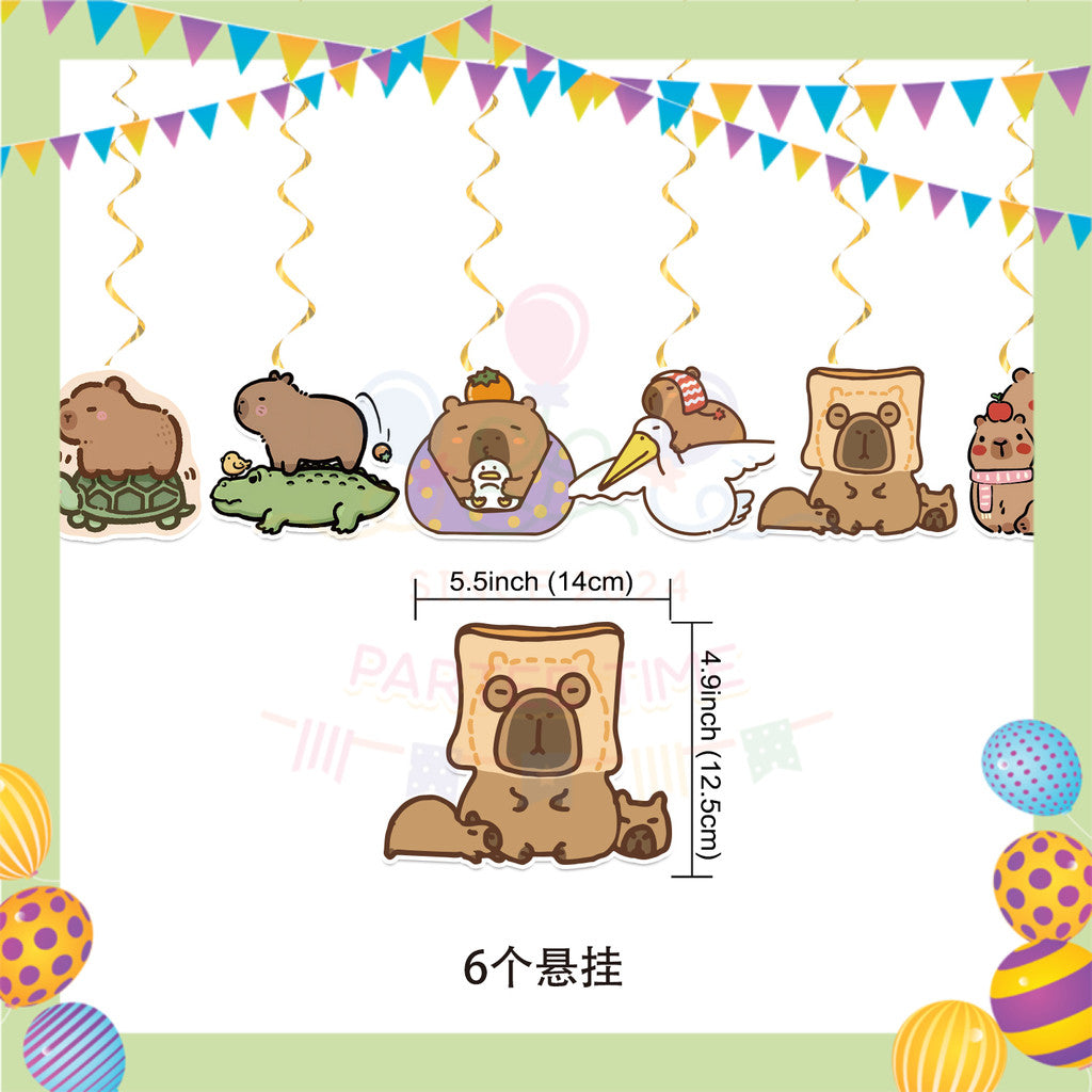 ParteeTime Kids Birthday Party Celebration Decoration Set Capybara 5 in 1 Banner Balloon Cake Cupcake Topper Hari Jadi
