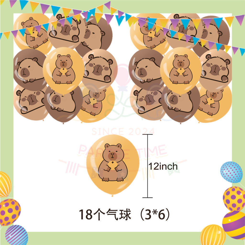 ParteeTime Kids Birthday Party Celebration Decoration Set Capybara 5 in 1 Banner Balloon Cake Cupcake Topper Hari Jadi