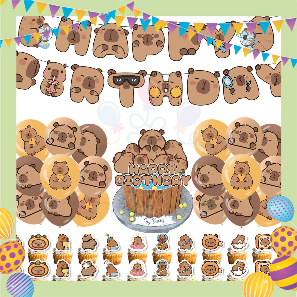 ParteeTime Kids Birthday Party Celebration Decoration Set Capybara 5 in 1 Banner Balloon Cake Cupcake Topper Hari Jadi