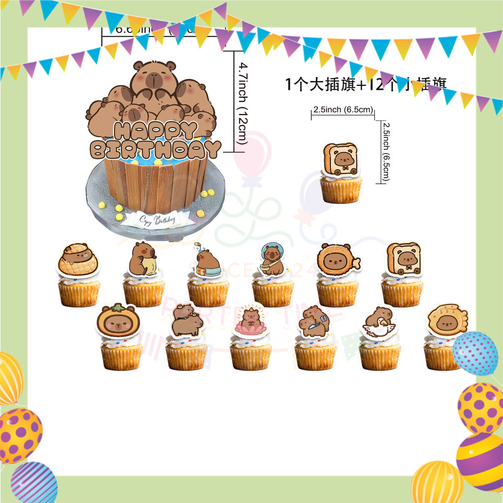 ParteeTime Kids Birthday Party Celebration Decoration Set Capybara 5 in 1 Banner Balloon Cake Cupcake Topper Hari Jadi