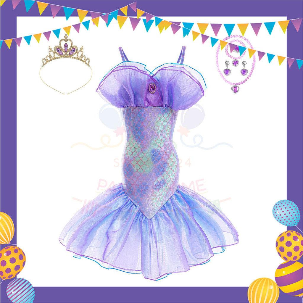 ParteeTime Kids Sleeveless Princess Ariel Mermaid Fishtail Long Dress Costume Birthday Party Dress Up
