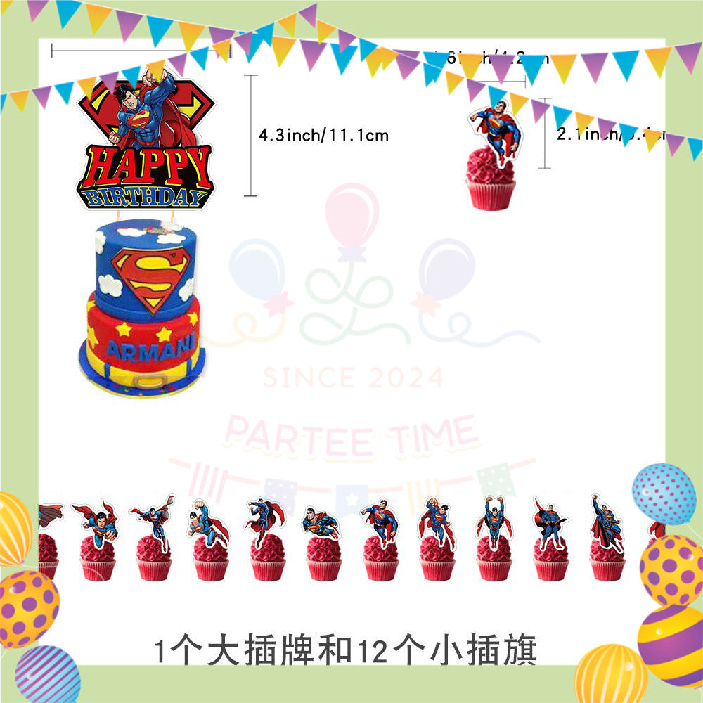 ParteeTime Kids Birthday Party Celebration Decoration Set Superhero 5 in 1 Banner Balloon Cake Cupcake Topper Hari Jadi