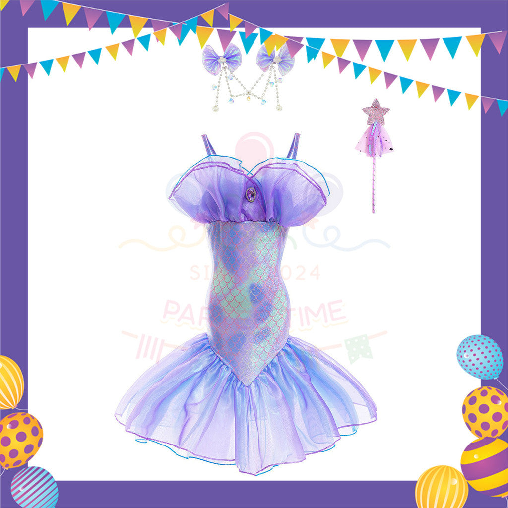 ParteeTime Kids Sleeveless Princess Ariel Mermaid Fishtail Long Dress Costume Birthday Party Dress Up