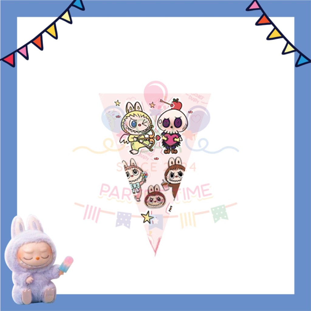 ParteeTime Kids Labubu Theme Decorations Kids Birthday Party Balloon Banners Hang Swirls Backdrop Tablecloth Cake Topper