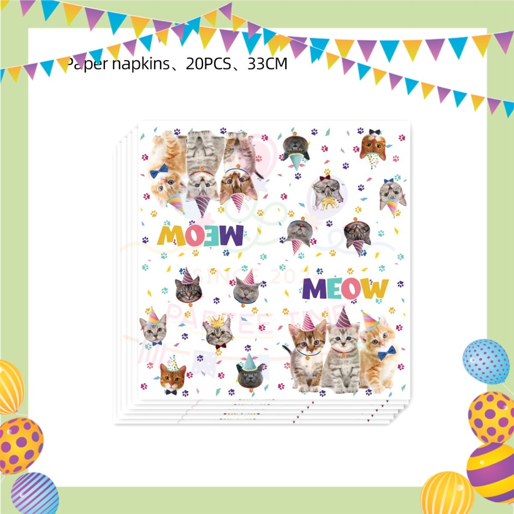 ParteeTime Cat Party Birthday Theme Decorations Kids Birthday Balloon Banner Hang Swirl Backdrop Tablecloth Cake Topper