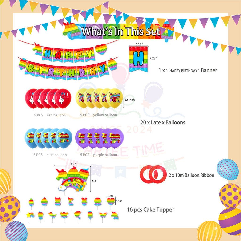 ParteeTime Kids Birthday Party Celebration Decoration Set Pop it 4 in 1 Majlis Sambutan Hiasan Hari Jadi Kanak-Kanak