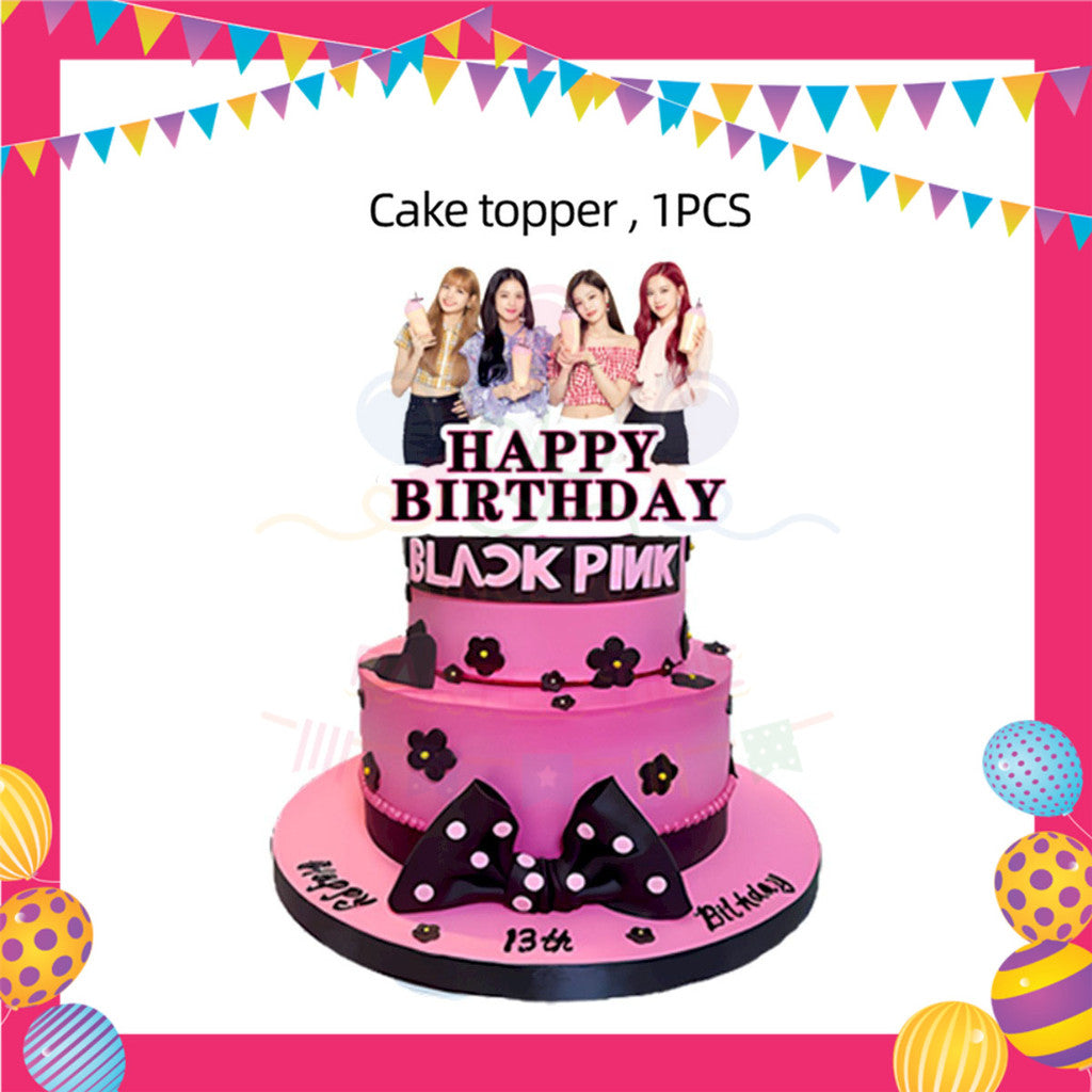 ParteeTime Black Pink Birthday Theme Decorations Kids Birthday Balloon Banner Hang Swirl Backdrop Tablecloth Cake Topper