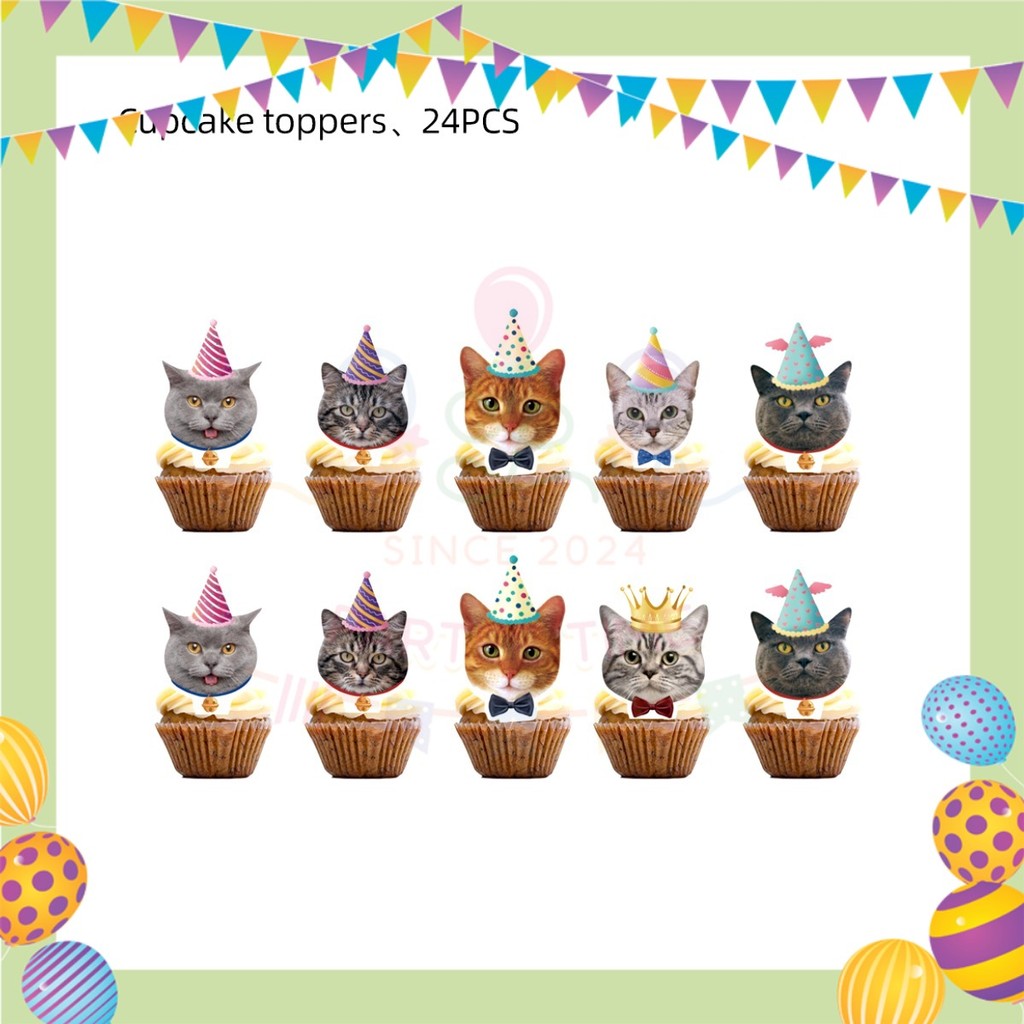 ParteeTime Cat Party Birthday Theme Decorations Kids Birthday Balloon Banner Hang Swirl Backdrop Tablecloth Cake Topper