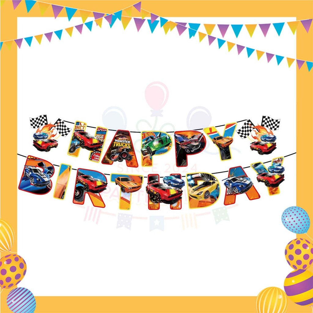 ParteeTime Kids Hot Wheels Birthday Theme Decorations Party Balloon Banners Hang Swirls Backdrop Tablecloth Cake Topper
