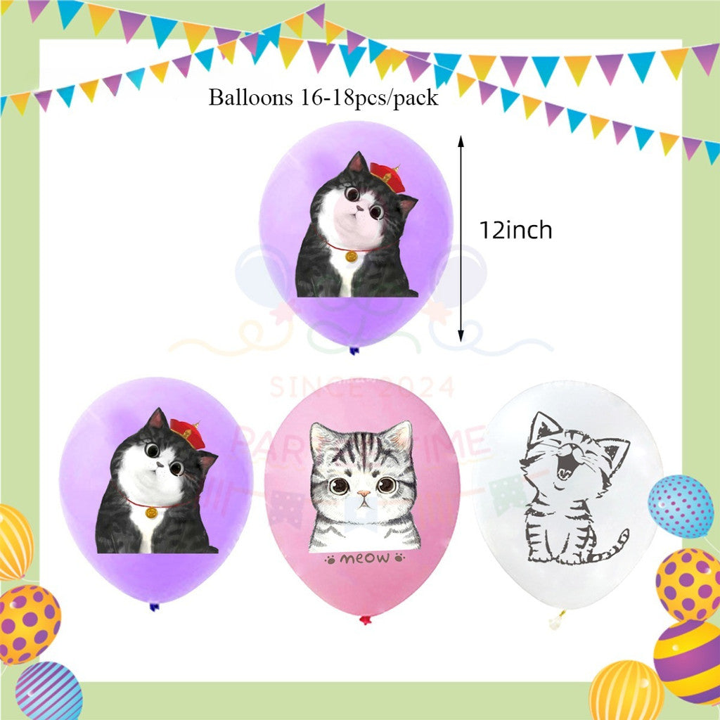 ParteeTime Cat Party Birthday Theme Decorations Kids Birthday Balloon Banner Hang Swirl Backdrop Tablecloth Cake Topper