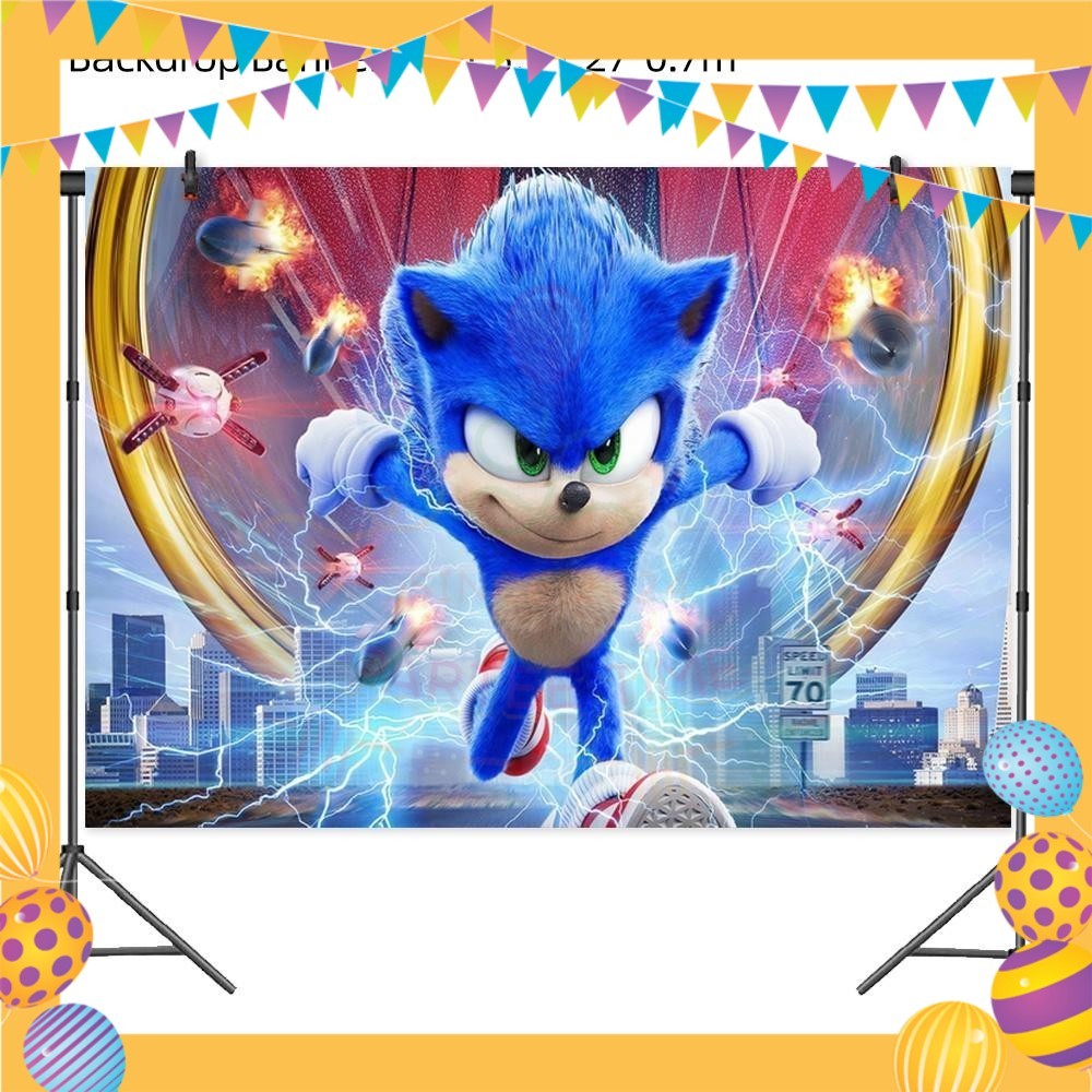 ParteeTime Kids Sonic Theme Decorations Kids Birthday Party Balloon Banners Hang Swirls Backdrop Tablecloth Cake Topper