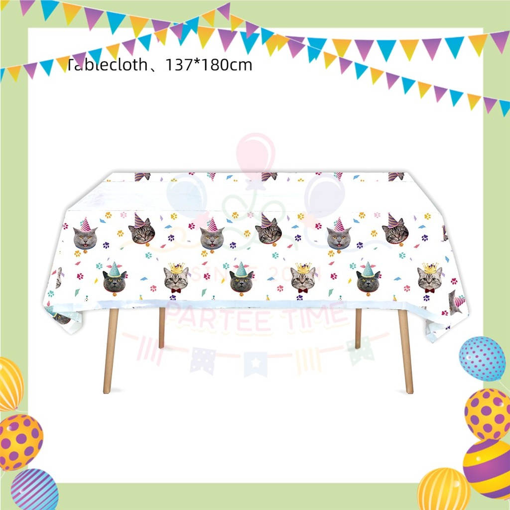 ParteeTime Cat Party Birthday Theme Decorations Kids Birthday Balloon Banner Hang Swirl Backdrop Tablecloth Cake Topper