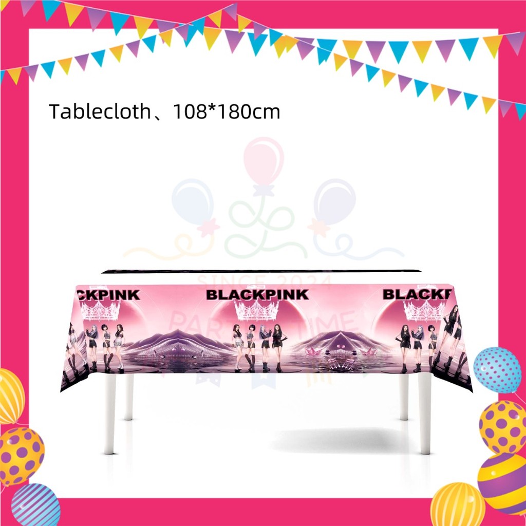 ParteeTime Black Pink Birthday Theme Decorations Kids Birthday Balloon Banner Hang Swirl Backdrop Tablecloth Cake Topper