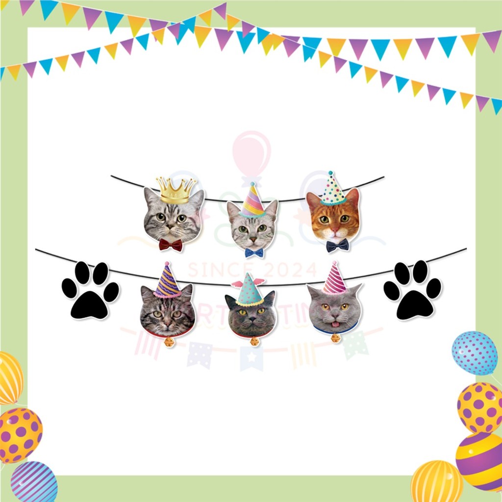 ParteeTime Cat Party Birthday Theme Decorations Kids Birthday Balloon Banner Hang Swirl Backdrop Tablecloth Cake Topper