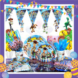 ParteeTime Kids Toys Story Birthday Theme Decorations Kids Birthday Balloon Banner Hang Swirl Backdrop Tablecloth