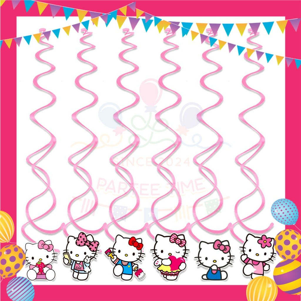 ParteeTime Kids Hello Kitty Birthday Theme Decorations Kids Birthday Balloon Banner Hang Swirl Backdrop Tablecloth