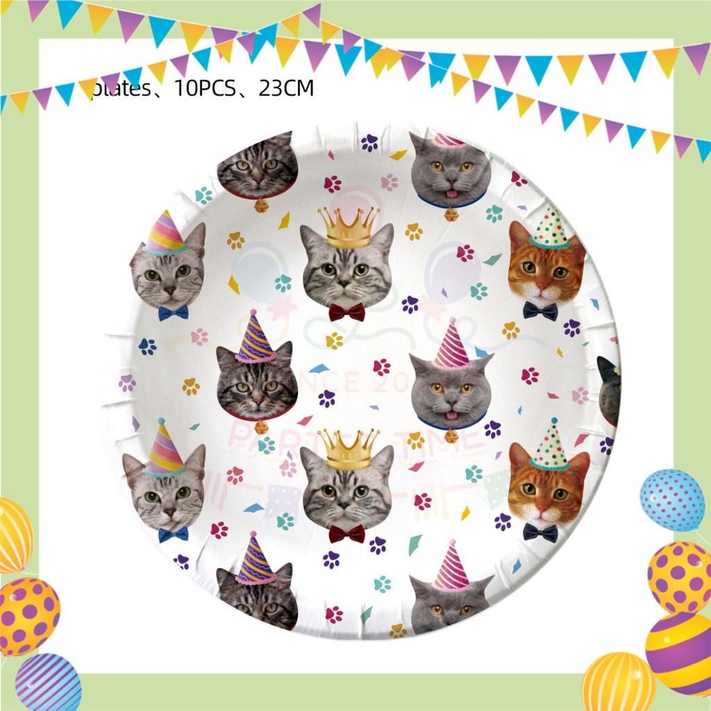 ParteeTime Cat Party Birthday Theme Decorations Kids Birthday Balloon Banner Hang Swirl Backdrop Tablecloth Cake Topper