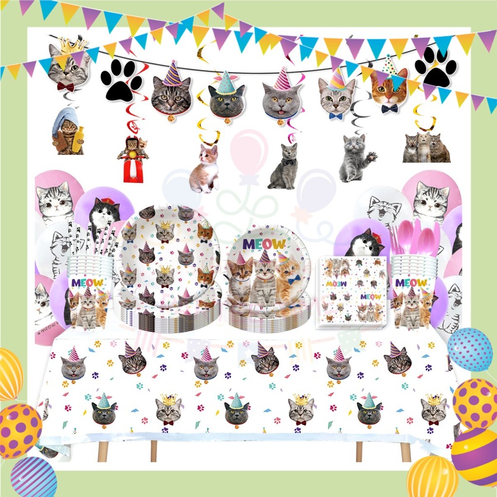 ParteeTime Cat Party Birthday Theme Decorations Kids Birthday Balloon Banner Hang Swirl Backdrop Tablecloth Cake Topper