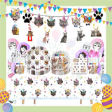 ParteeTime Cat Party Birthday Theme Decorations Kids Birthday Balloon Banner Hang Swirl Backdrop Tablecloth Cake Topper