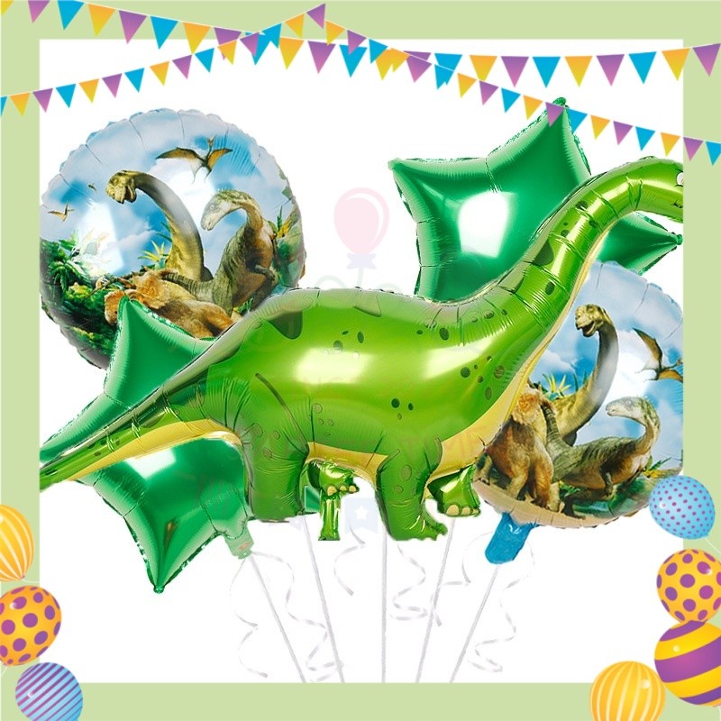 ParteeTime Kids Birthday Party Celebration Decoration Set Dinosaur 4 in 1 Banner Balloon Cake Cupcake Topper Hang