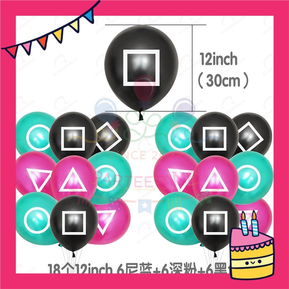 ParteeTime Kids Birthday Party Celebration Decoration Set Squid Game 4 in 1 Banner Balloon Cake Cupcake Topper