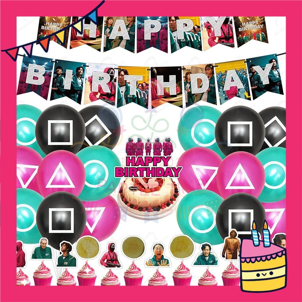 ParteeTime Kids Birthday Party Celebration Decoration Set Squid Game 4 in 1 Banner Balloon Cake Cupcake Topper
