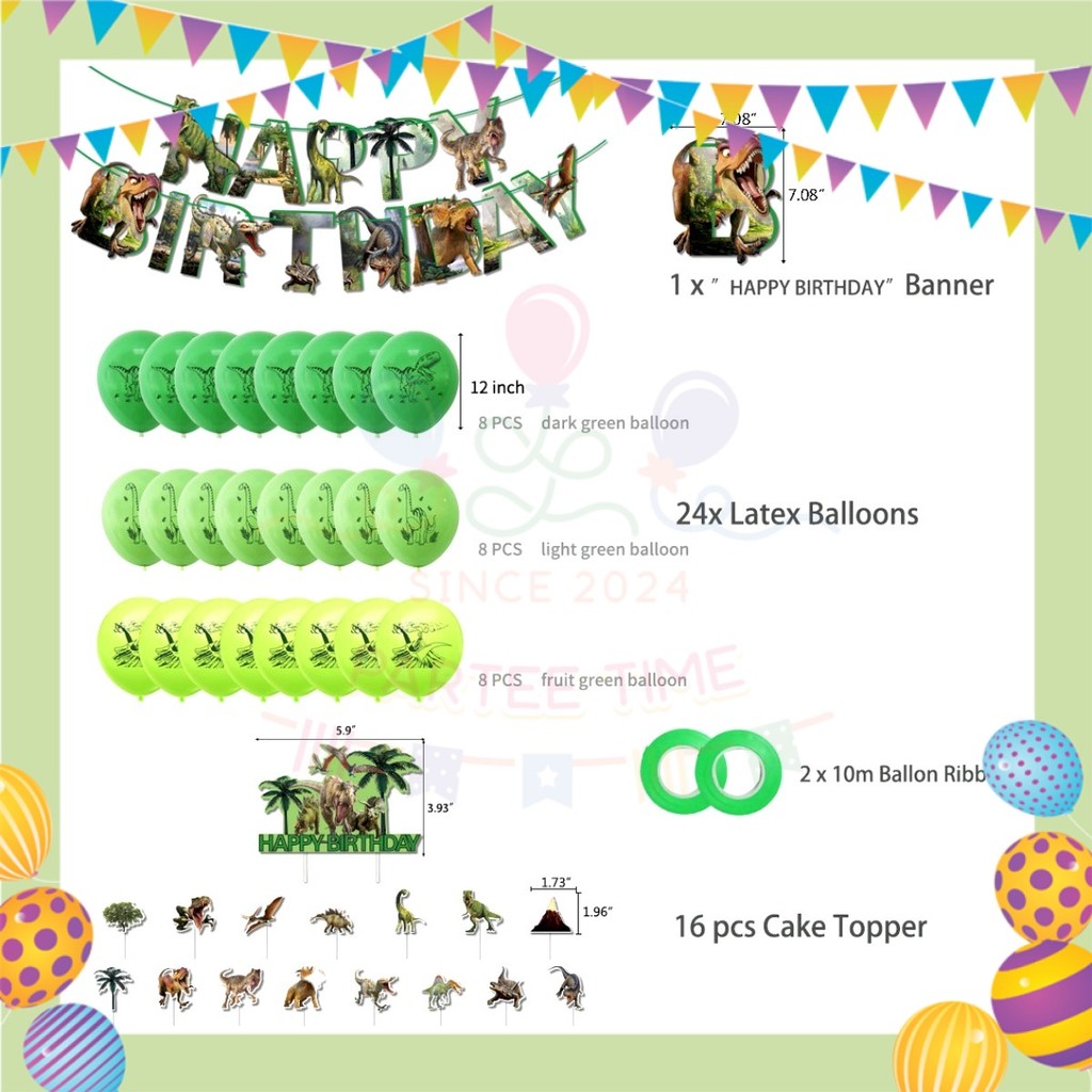 ParteeTime Kids Birthday Party Celebration Decoration Set Dinosaur 4 in 1 Banner Balloon Cake Cupcake Topper Hang