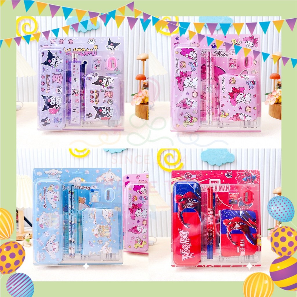 Parteetime Kids Cinnamoroll Kuromi Melody Spiderman Boxed Cartoon 7 in 1 Stationery Set Stationery Gift Goodie
