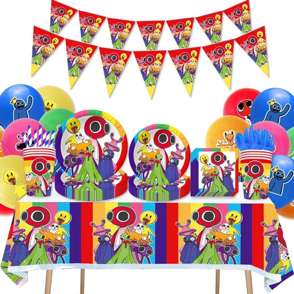 ParteeTime Kids Rainbow & Friends Theme Decorations Birthday Balloon Banner Hang Swirls Backdrop Tablecloth CakeTopper