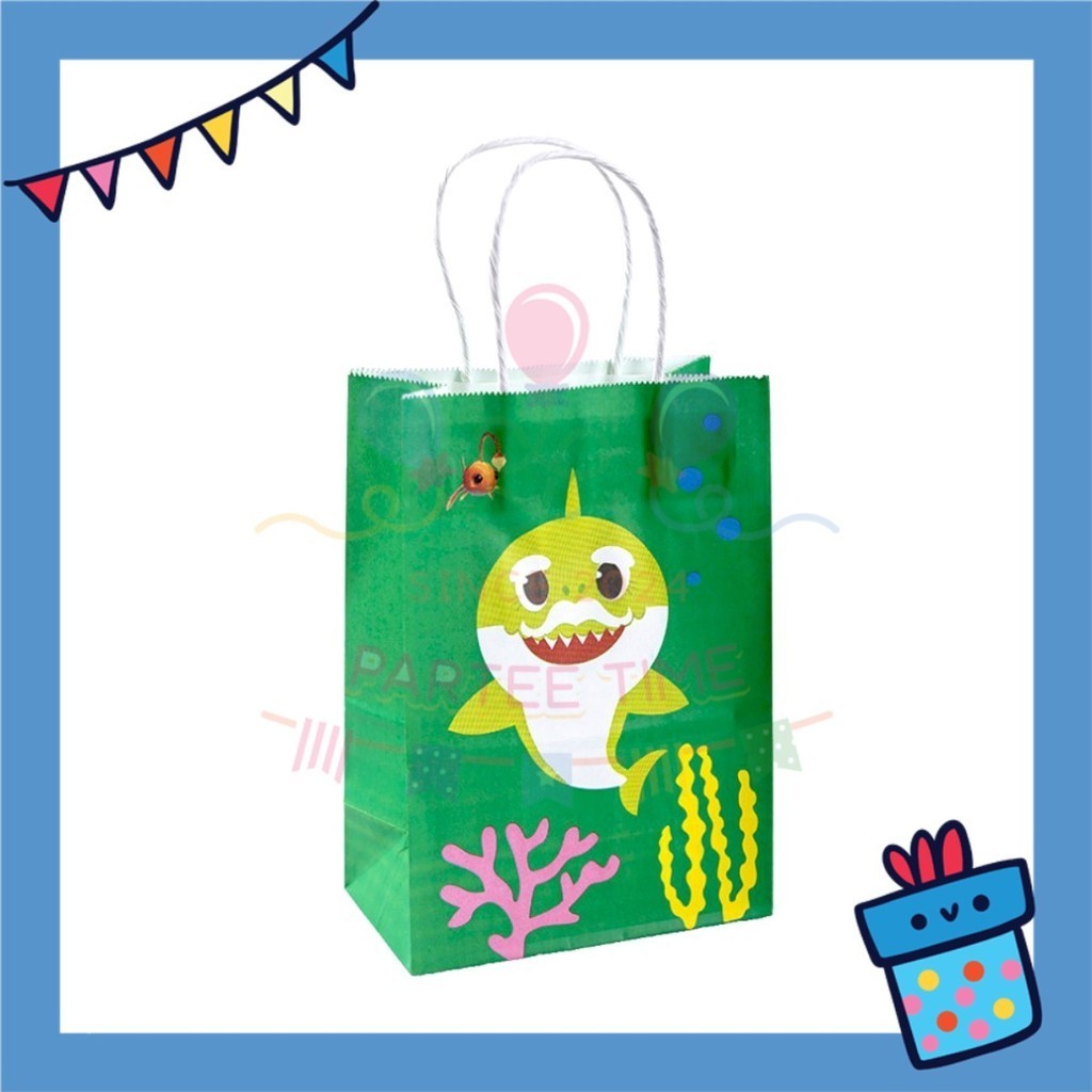ParteeTime Birthday Kids 1pcs Baby Shark Gift Bags with Handle Paper Bag Doorgift Bag Gift Beg Hadiah
