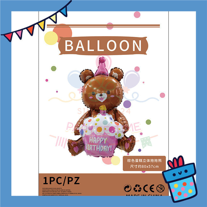 ParteeTime Kids 4D Sitting Teddy Bear Hugging Cake Themed Foil Balloon Birthday Party Decoration