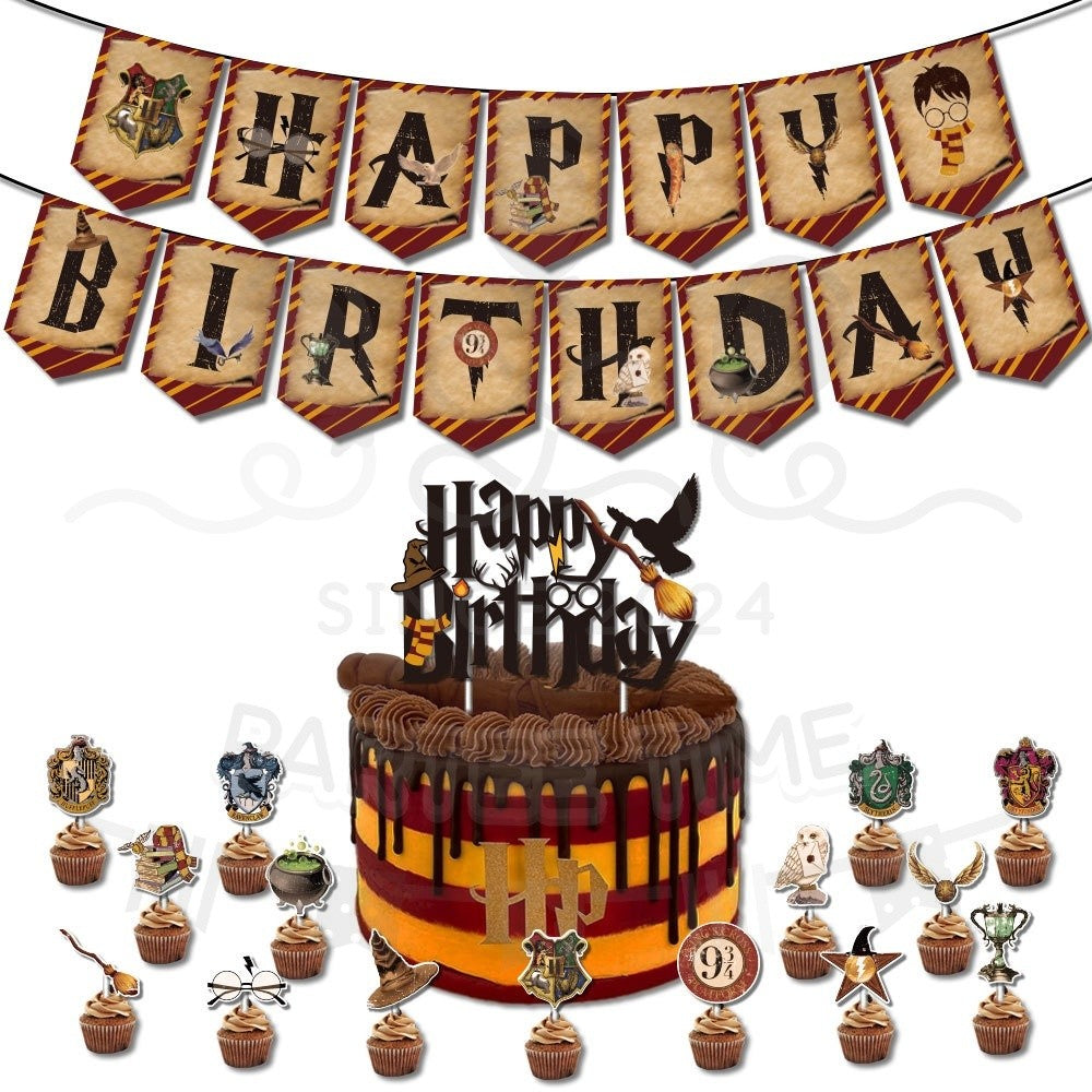 ParteeTime Kid Birthday Party Celebration Decoration Set Harry 4 in 1 Banner Balloon Cake Cupcake Topper Parti Hari Jadi