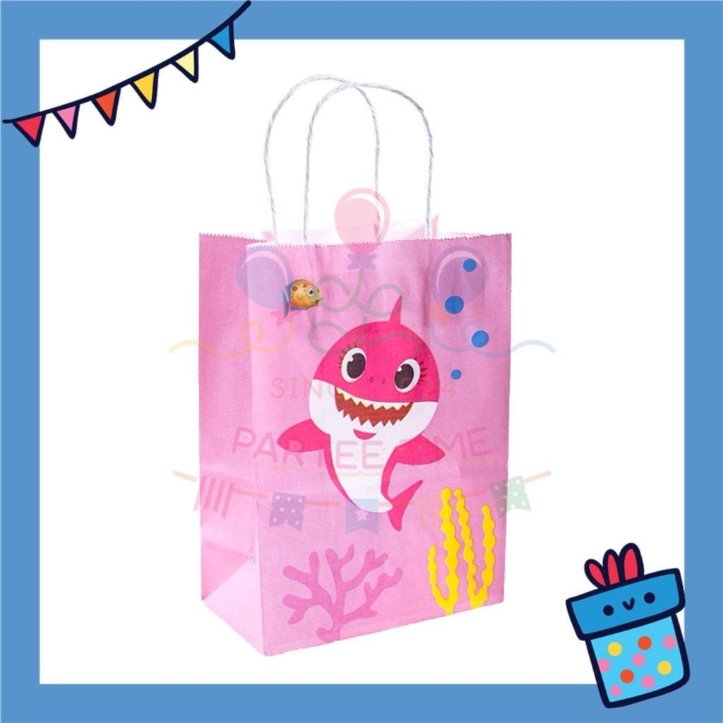 ParteeTime Birthday Kids 1pcs Baby Shark Gift Bags with Handle Paper Bag Doorgift Bag Gift Beg Hadiah