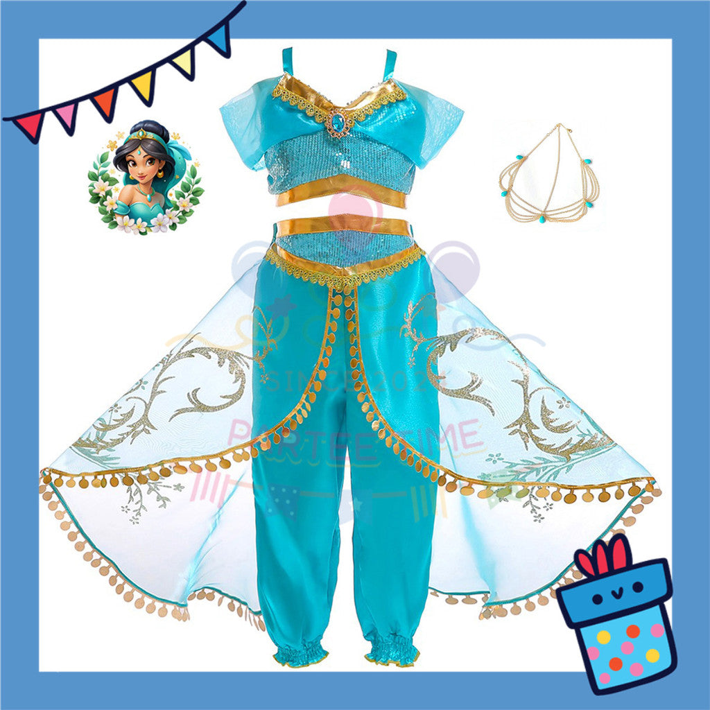 ParteeTime Kids Girl Princess Jasmine Set Top And Pants With Necklace Headband Wig Cosplay Costumes Fancy