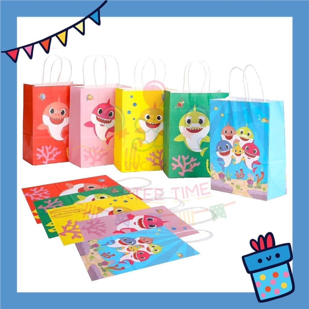 ParteeTime Birthday Kids 1pcs Baby Shark Gift Bags with Handle Paper Bag Doorgift Bag Gift Beg Hadiah
