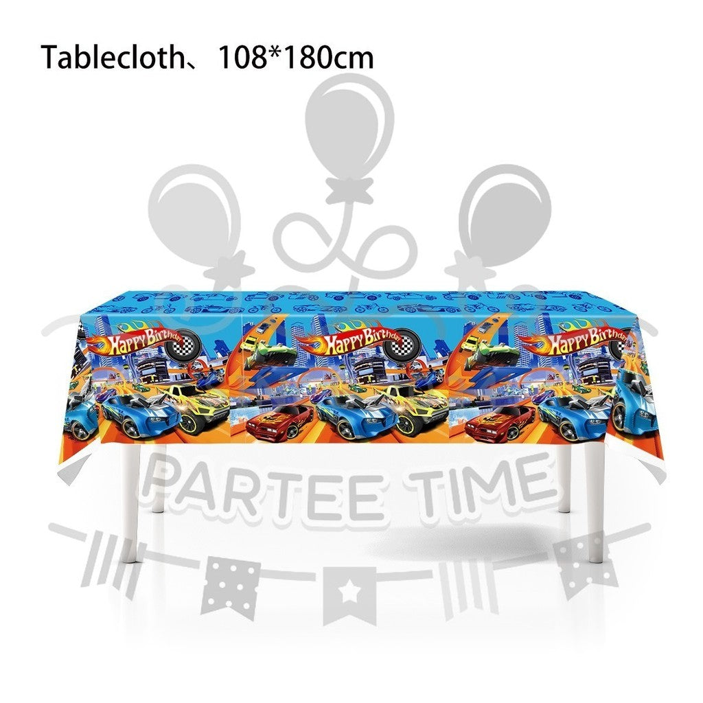 ParteeTime Kids Hot Wheels Birthday Theme Decorations Party Balloon Banners Hang Swirls Backdrop Tablecloth Cake Topper