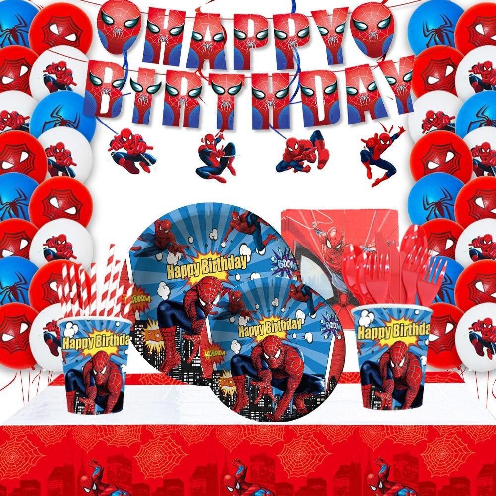ParteeTime Kids Spiderman Theme Decorations Birthday Party Balloon Banners Hang Swirls Backdrop Tablecloth Cake Topper