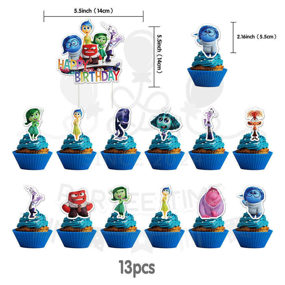ParteeTime Kids Birthday Party Celebration Decoration Set InsideOut 4 in 1 Banner Balloon Cake Cupcake Topper Hari Jadi