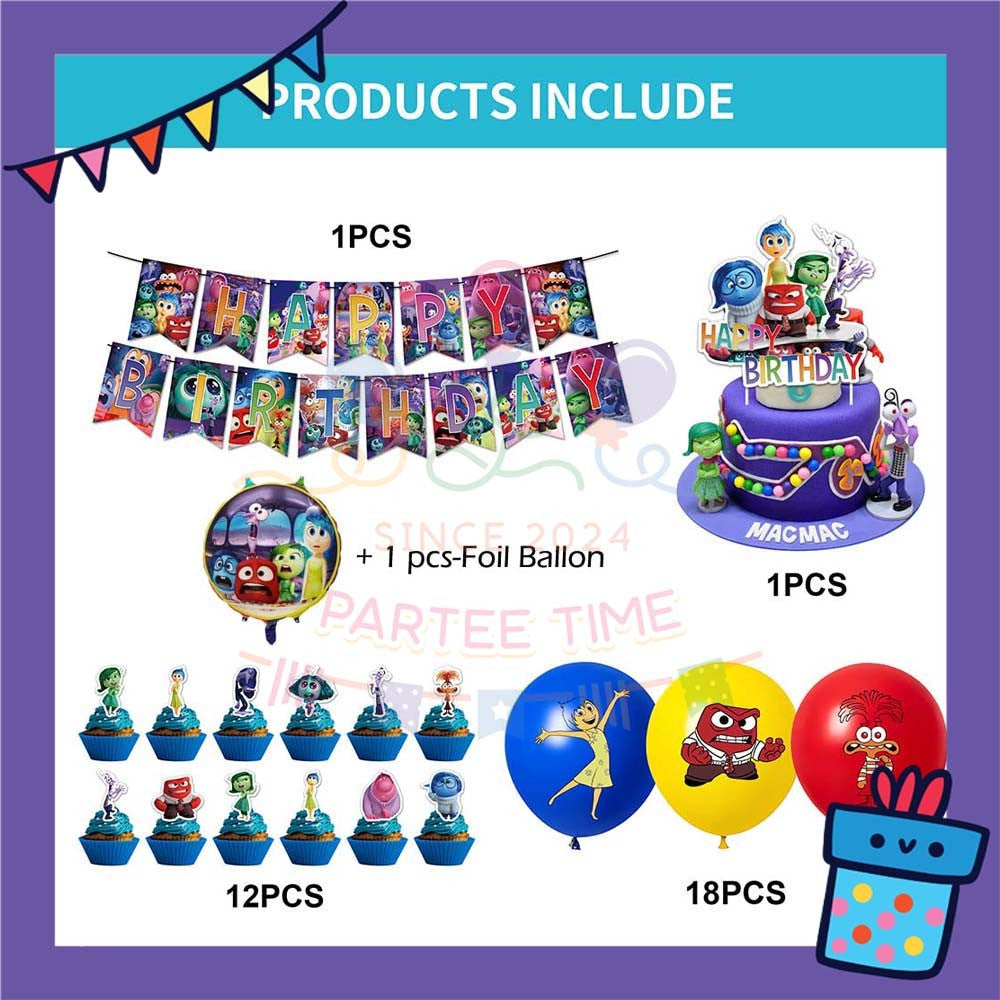ParteeTime Kids Birthday Party Celebration Decoration Set InsideOut 4 in 1 Banner Balloon Cake Cupcake Topper Hari Jadi