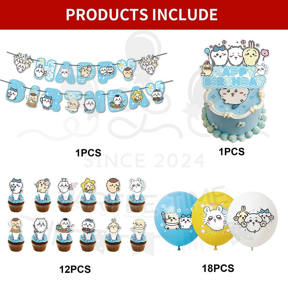 ParteeTime Kids Birthday Party Celebration Decoration Set Chiikawa 4 in 1 Banner Balloon Cake Cupcake Topper
