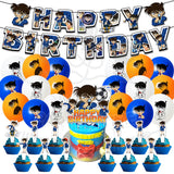 ParteeTime Kids Birthday Party Celebration Decoration Set Conan 4 in 1 Banner Balloon Cake Cupcake Topper Hari Jadi