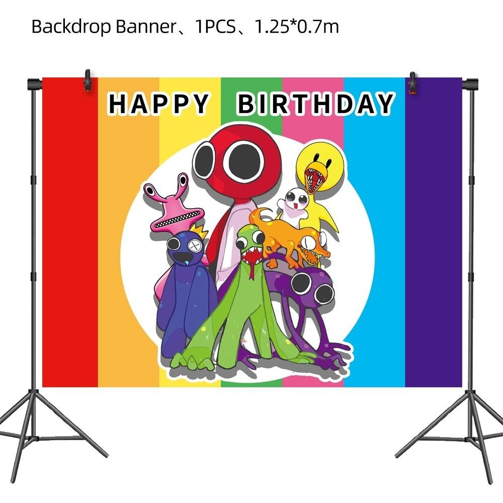 ParteeTime Kids Rainbow & Friends Theme Decorations Birthday Balloon Banner Hang Swirls Backdrop Tablecloth CakeTopper