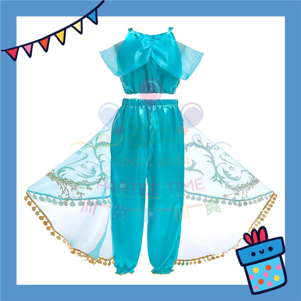 ParteeTime Kids Girl Princess Jasmine Set Top And Pants With Necklace Headband Wig Cosplay Costumes Fancy
