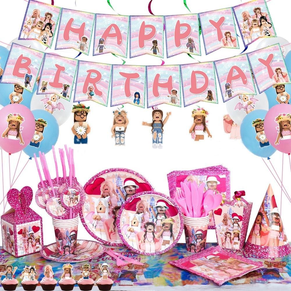 ParteeTime Kids Roblox Girls Theme Decorations Birthday Party Supplies Banners Backdrop Set Budak Hari Jadi Hiasan