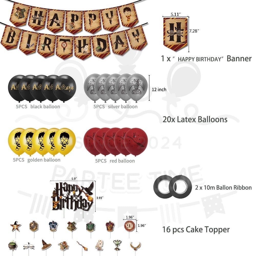 ParteeTime Kid Birthday Party Celebration Decoration Set Harry 4 in 1 Banner Balloon Cake Cupcake Topper Parti Hari Jadi