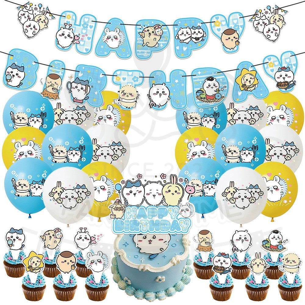 ParteeTime Kids Birthday Party Celebration Decoration Set Chiikawa 4 in 1 Banner Balloon Cake Cupcake Topper