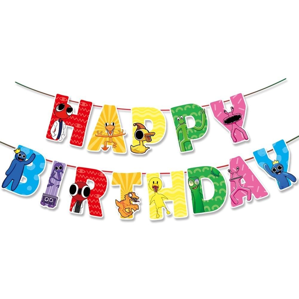 ParteeTime Kids Rainbow & Friends Theme Decorations Birthday Balloon Banner Hang Swirls Backdrop Tablecloth CakeTopper