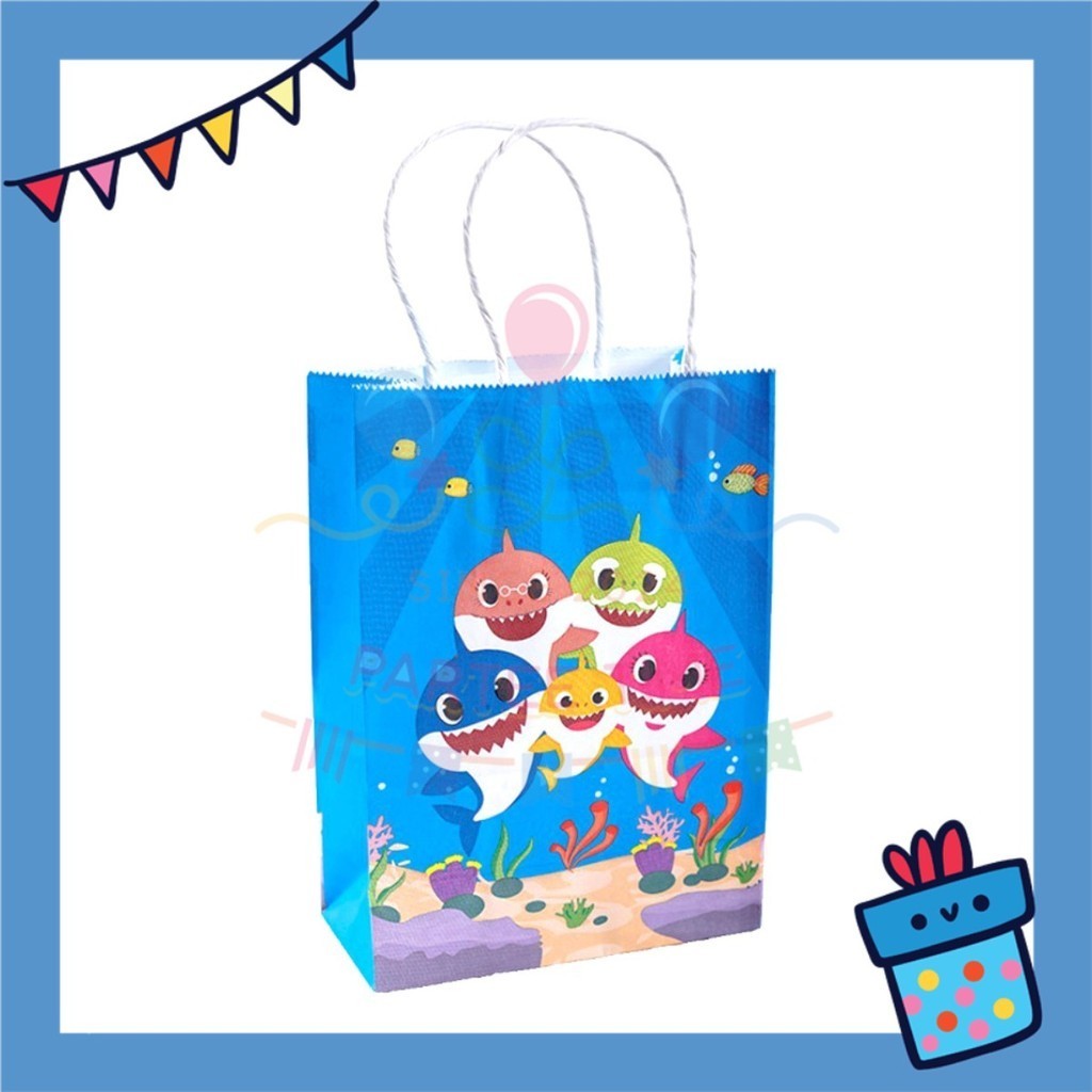 ParteeTime Birthday Kids 1pcs Baby Shark Gift Bags with Handle Paper Bag Doorgift Bag Gift Beg Hadiah